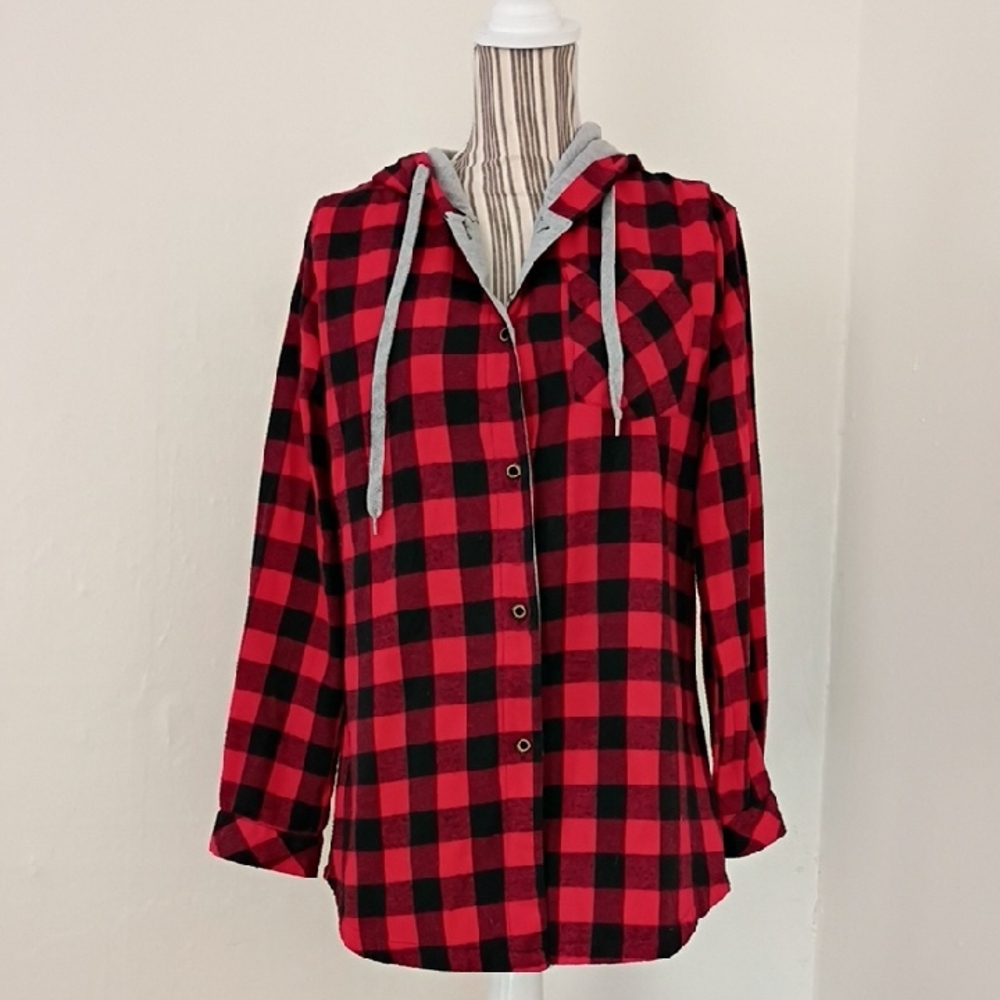 Ruiyige Red & Black Plaid Flannel Button Front Hoodie Jacket Size L